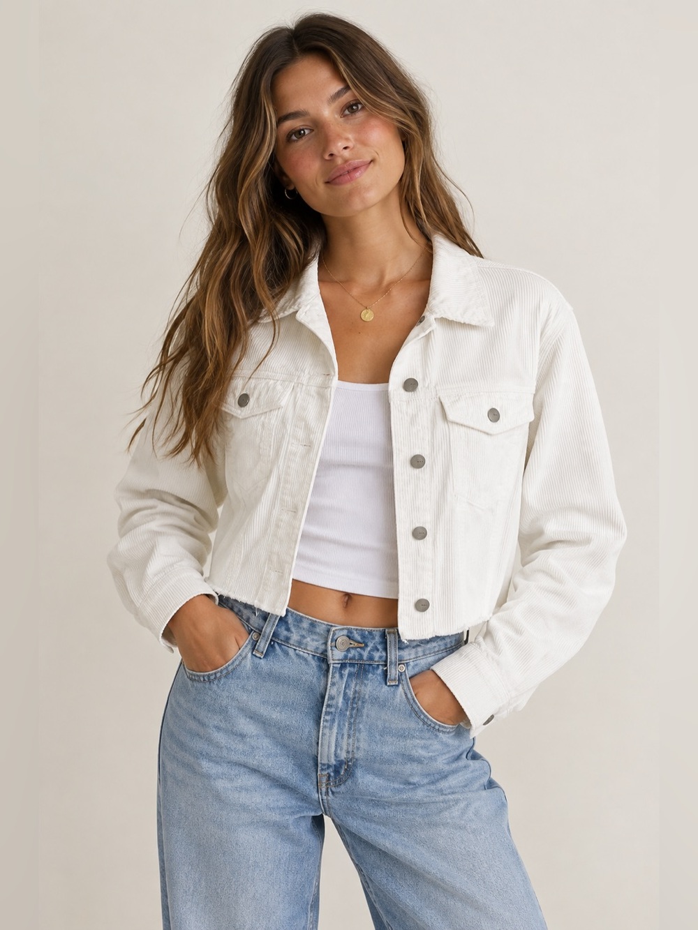 Francesca's TGLA Corduroy Cropped Trucker Jacket *Raw Hem – White – M
